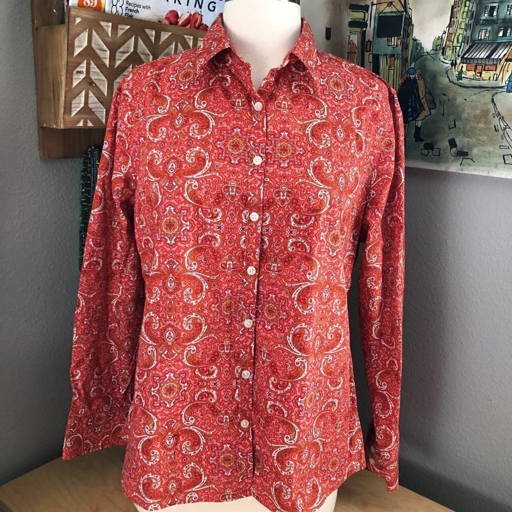 LANDS' END Button Front Shirt Petite size 12 P Orange & White Floral Paisley NEW